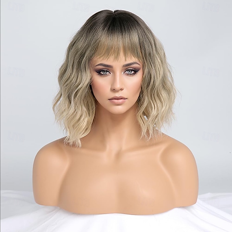 Wigs for Women Short Wavy Wig with Bangs Wig with Dark Roots Medium Length Natural Synthetic Hair for Daily Party&amp Cosplay2