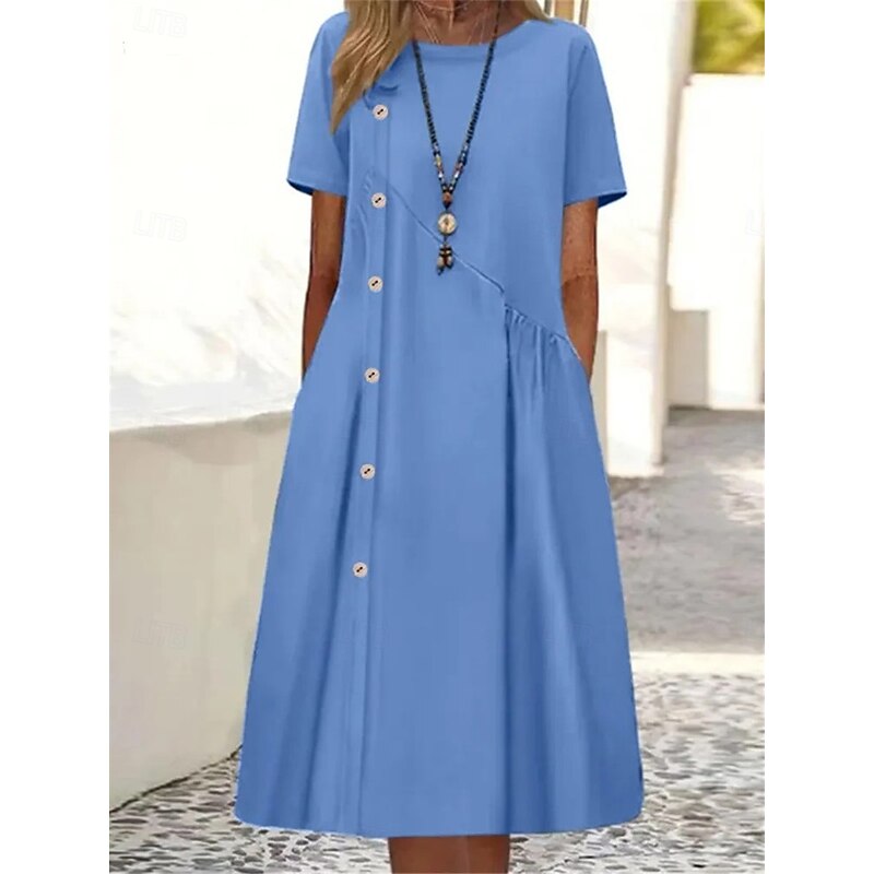 Women's Casual Dress Mini Dress Buttons Pocket Casual Crew Neck Long Sleeve Wine Blue Green Color