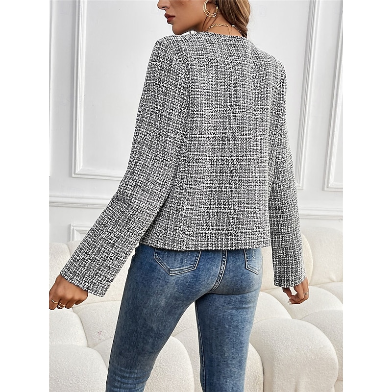 Women's Casual Jacket Warm Breathable Buttons Casual Plaid Vacation Street Daily Wear Going out Single Breasted Short Crewneck Regular Fit Long Sleeve Outerwear Black Fall Winter3