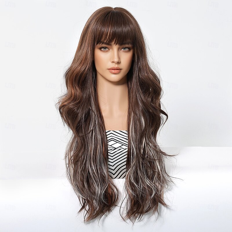 Synthetic Wig Uniforms Career Costumes Princess Curly Body Wave Layered Haircut Neat Bang With Bangs Machine Made Wig 26 inch Light Brown Synthetic Hair Women's Cosplay Party Fashion Light Brown2