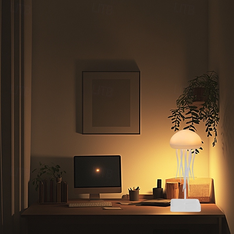 3D LED Jellyfish Lamp with Rotating Tentacles, Key Operation/Voice Control, 5 Colors Mood Light for Room Decoration - Hanging Style with Base3