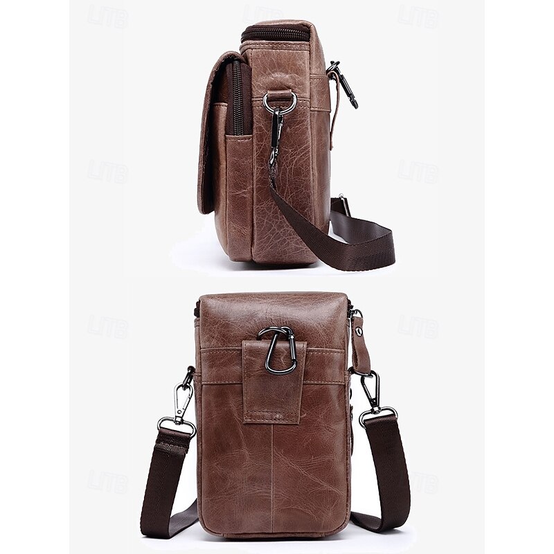 Vintage Brown Leather Crossbody Bag for Men – Compact Shoulder Bag with Zippered Compartments and Adjustable Strap for Everyday Use4