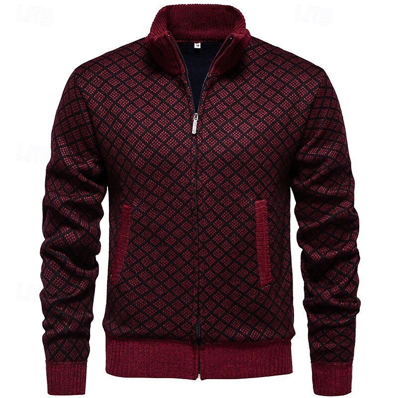 Men's Cardigan Sweater Cardigan Cropped  Sweater Zip Sweater Knit Sweater Ribbed Knit Regular Pocket Plaid Stand Collar Fashion Classic Daily Wear Date Clothing Apparel Fall & Winter Wine Red Black S4