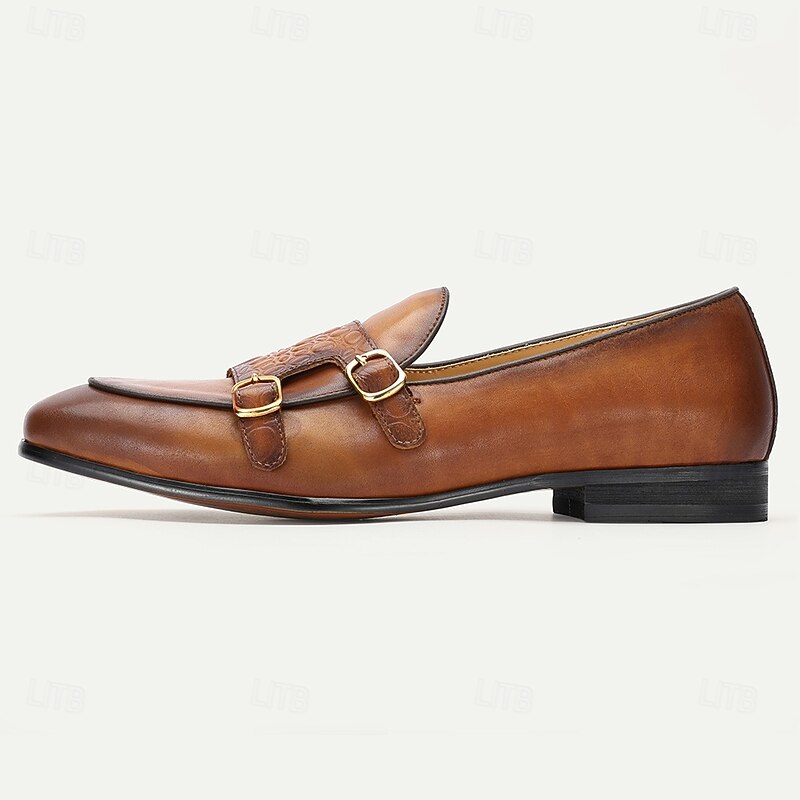 Men's Brown Leather Loafers with Double Buckle and Crocodile Pattern – Premium Cowhide Dress Shoes for Formal & Casual Wear4