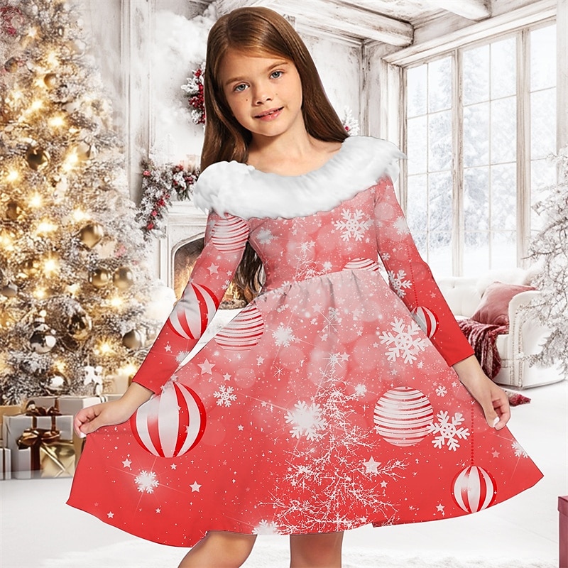 Girls' 3D Graphic Snowflake Dress Long Sleeve Spring Fall Vacation Daily Holiday Beautiful Sweet Kids 4-12 Years Party Dress A Line Dress Knee-length Regular Fit