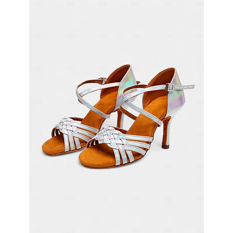 Women's Silver Holographic Dance Sandals with Soft Suede Sole, Cross-Strap Design and Low Heel - Ideal for Salsa, Latin, and Ballroom Dancing2