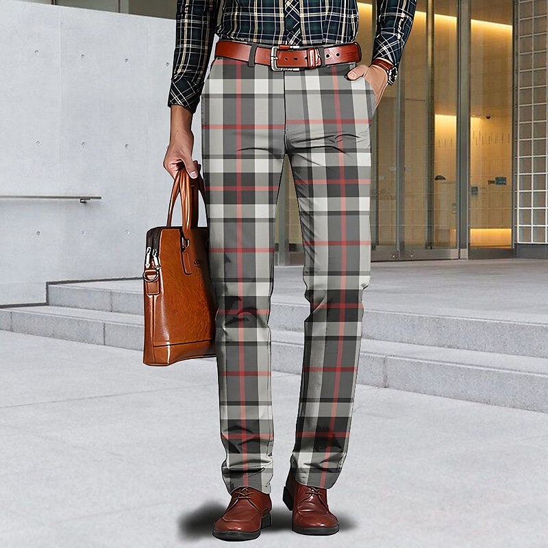 Men's Geometric Color Block Plaid / Check Dress Pants Mid Waist Business Casual Formal Home Dailywear Zipper Pocket Summer Spring Fall 3D Print Red Yellow Blue