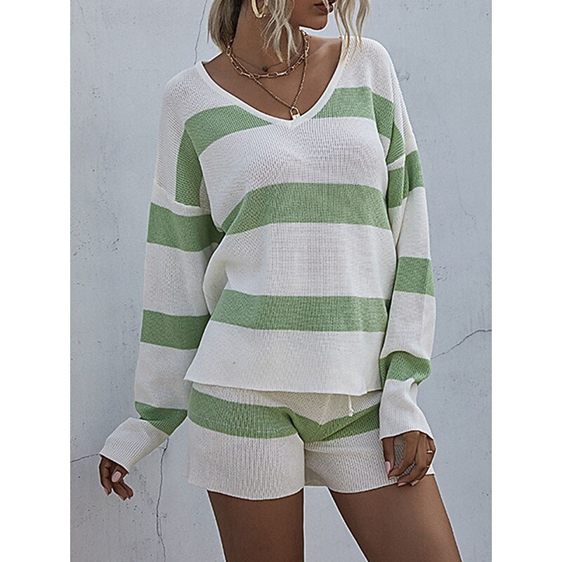 Women's Knit Two Piece Set Off-Shoulder Long Sleeve Drawstring Shorts Striped White Pastel Green Spring Autumn Casual Loungewear Comfortable Sizes3