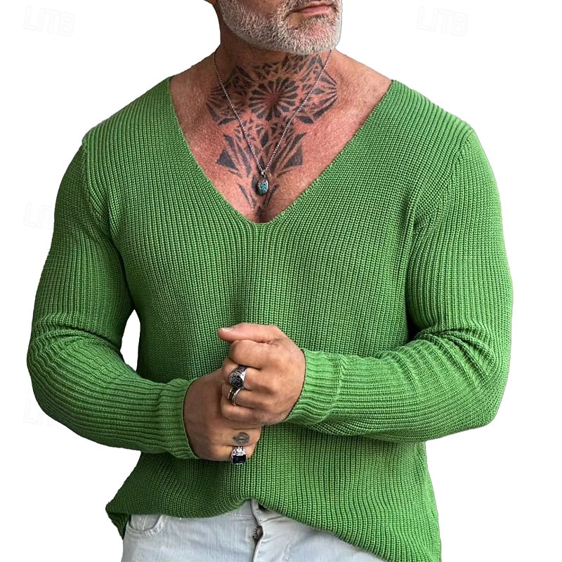 Men's Pullover Sweater Jumper Knit Sweater Ribbed Knit Regular Knitted Plain V Neck Fashion Basic Daily Wear Date Clothing Apparel Fall & Winter Black Blue S M L2