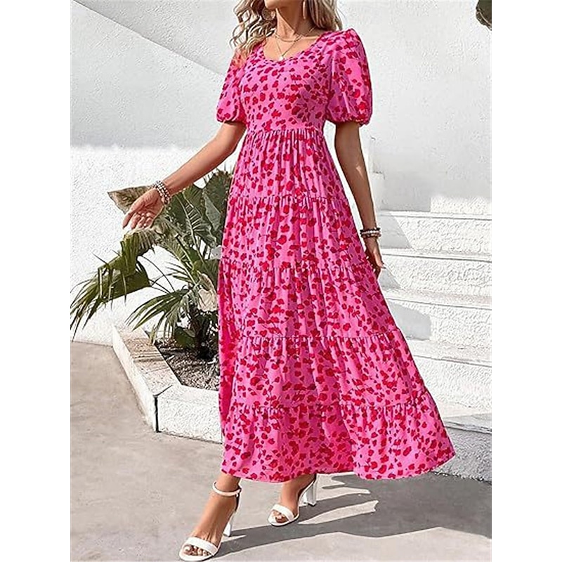 Women's Leopard Crew Neck Maxi Dress Short Sleeve Summer Spring3