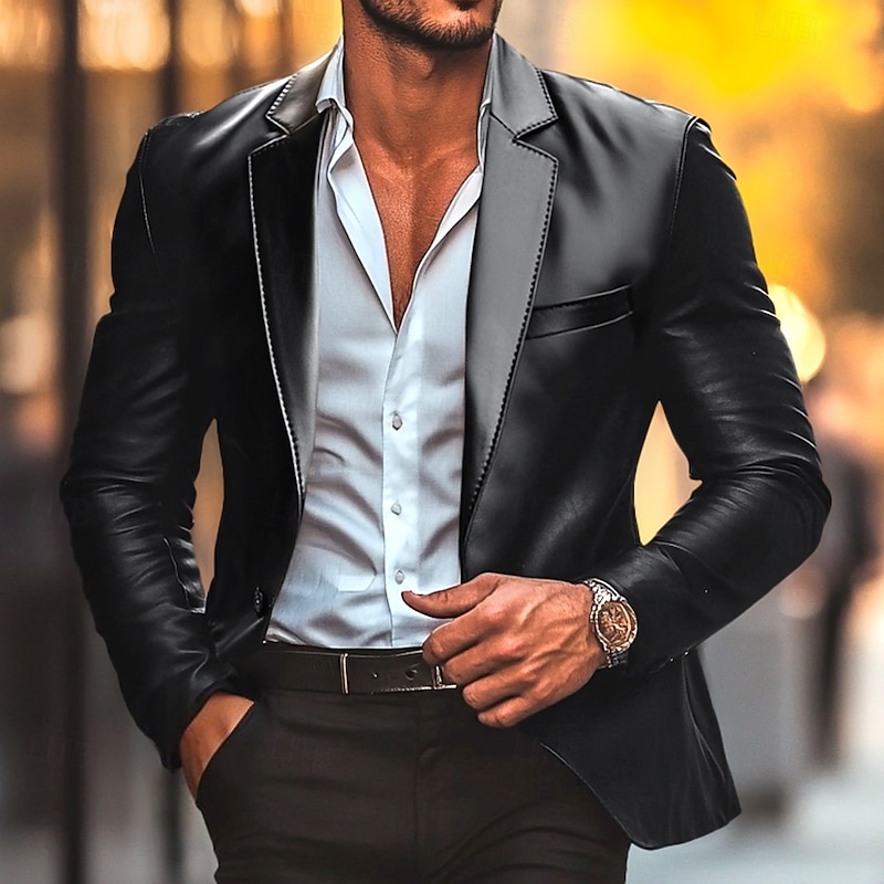 Men's Blazer Office Work Street Pocket Fashion Casual Spring &  Fall Polyester Faux Leather Plain Pocket Casual / Daily Single Breasted Blazer Black2