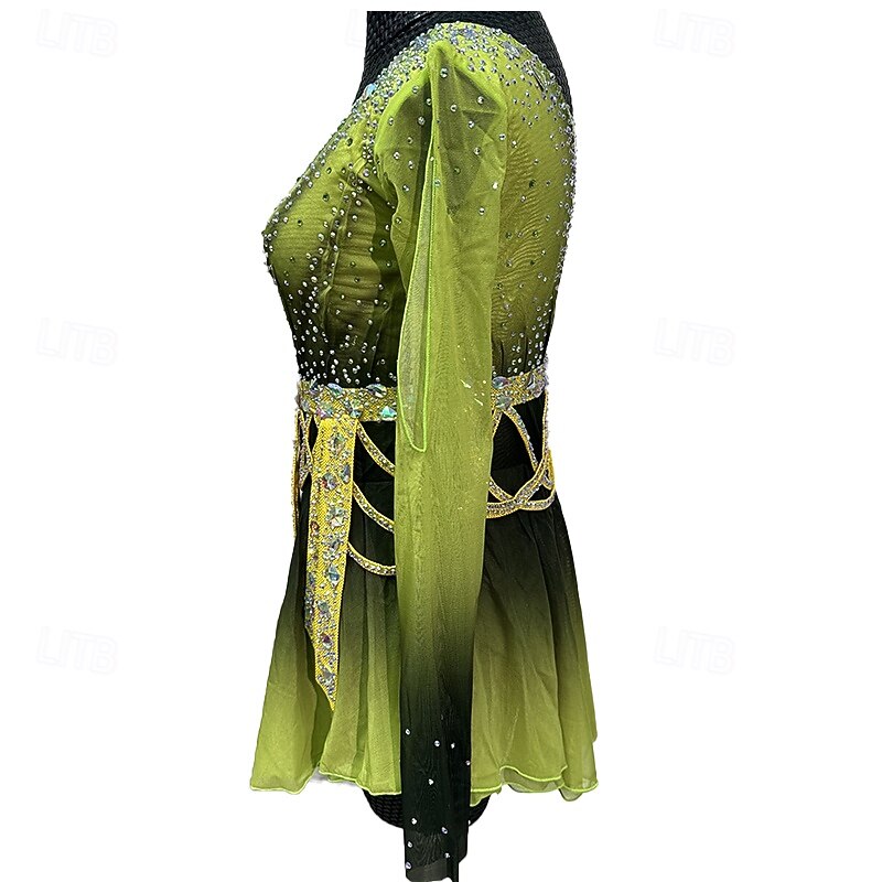 Figure Skating Dress Women's Girls' Ice Skating Dress Mineral Green Patchwork Thumbhole Mesh Spandex Stretchy Training Practice Professional Skating Wear Thermal Warm Crystal / Rhinestone Long Sleeve4