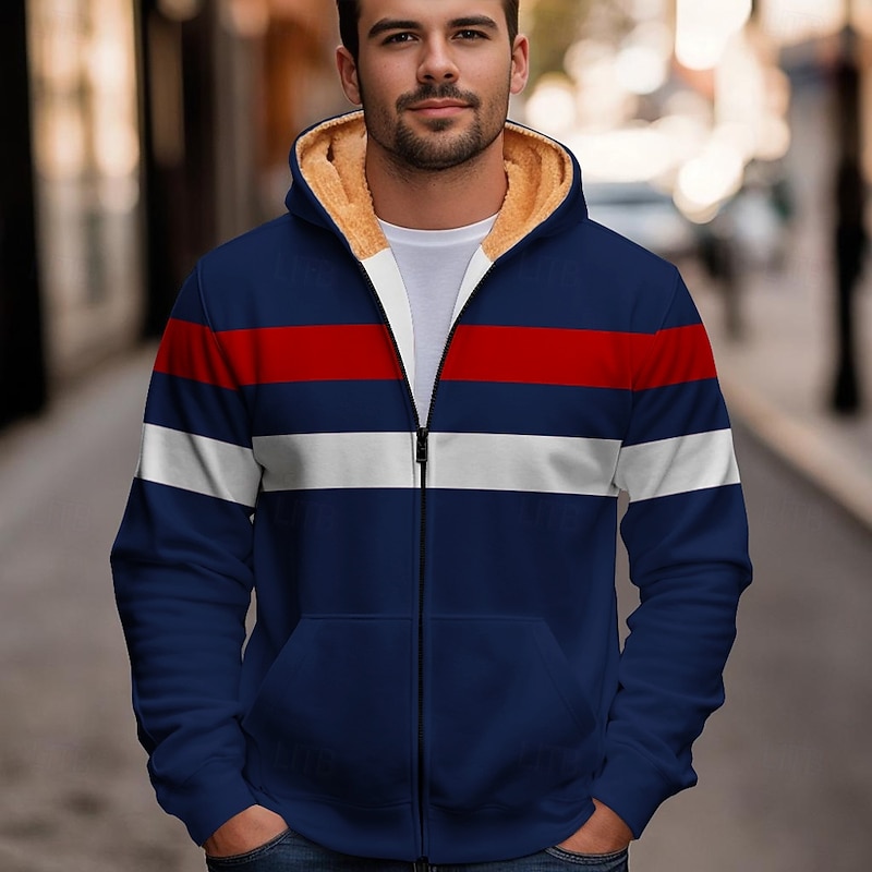 Men's Color Block Fleece Hoodies Fashion Cool Long Sleeve Hooded Holiday Streetwear Black Blue Zipper Pocket Fall Winter Designer