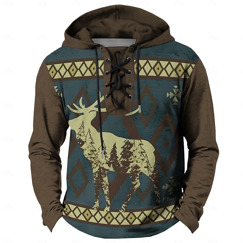 Men's Cowboy Deer Hoodies Casual Vintage Retro Long Sleeve Hooded Vacation Streetwear Maroon Blue Drawstring Fall Winter Designer3