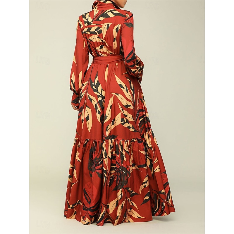 Women's Leaf Shirt Collar Maxi Dress Long Sleeve Summer Spring3