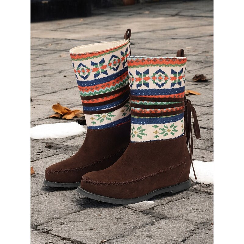 Women's Retro Knit Pattern Winter Boots – Suede Upper with Tribal Design and Warm Lining, Ideal for Cold Weather and Casual Outfits3