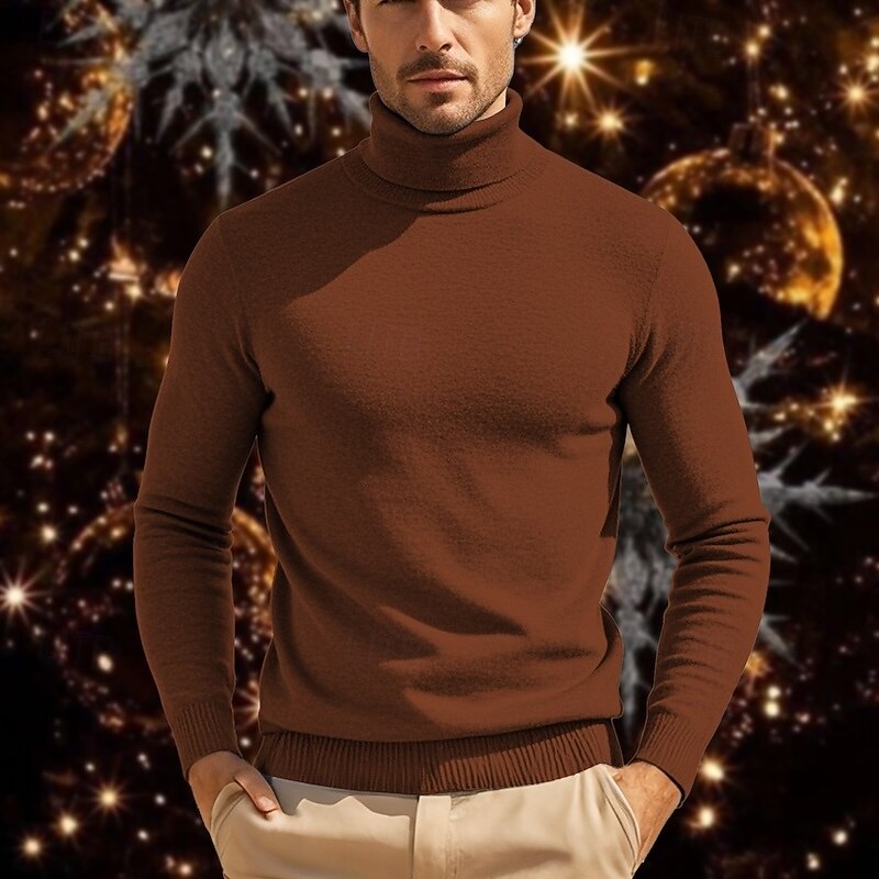 Men's Pullover Sweater Jumper Knit Sweater Ribbed Knit Regular Knitted Plain Turtleneck Fashion Casual Daily Wear Date Clothing Apparel Fall & Winter Camel Wine S M L2