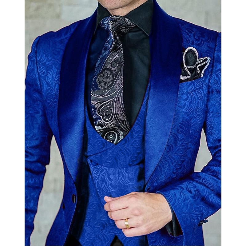 Men's Wedding Prom Suits Shawl Collar Black Burgundy Jacquard Floral Tailored Fit 3 Piece Single Breasted One-button3