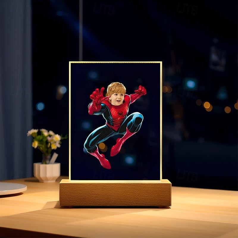 Personalized Photo USB Night Light Custom Spider Superhero Kid Face Acrylic Night Light Christmas Decoration Gifts for Superhero Fans3