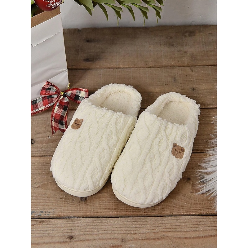 Women's Cozy Fleece Slippers with Adorable Bear Embroidery – Warm Indoor House Shoes for Winter Comfort