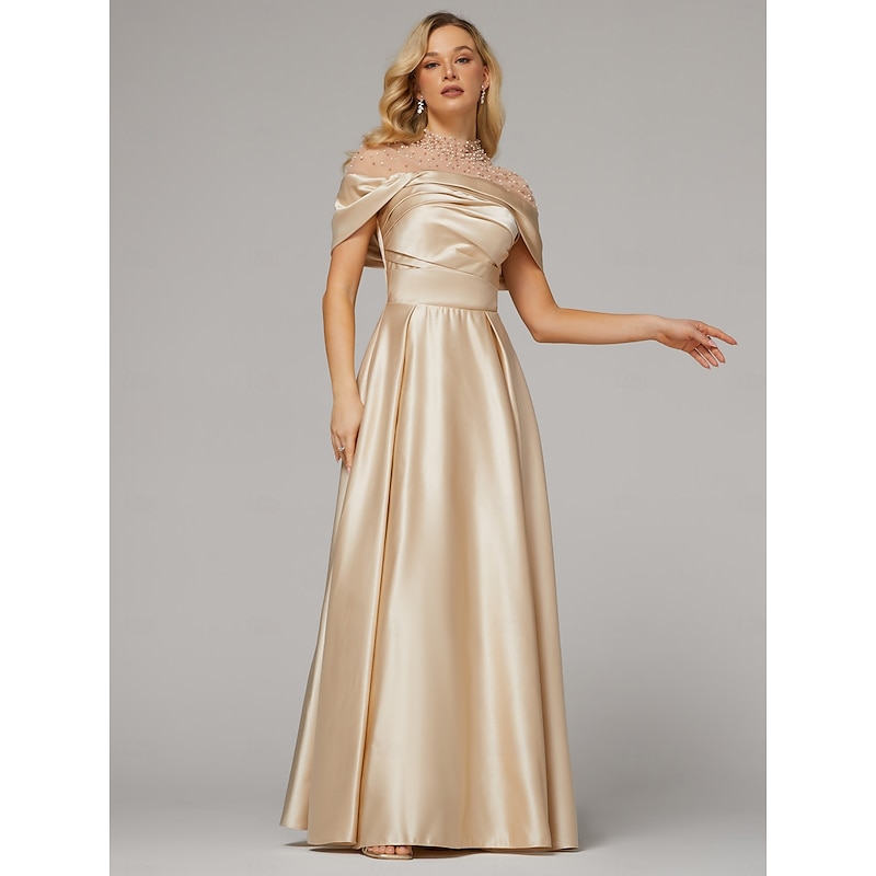 A-Line Evening Gown Elegant Dress Formal Floor Length Short Sleeve Illusion Neck Satin with Ruched Beading