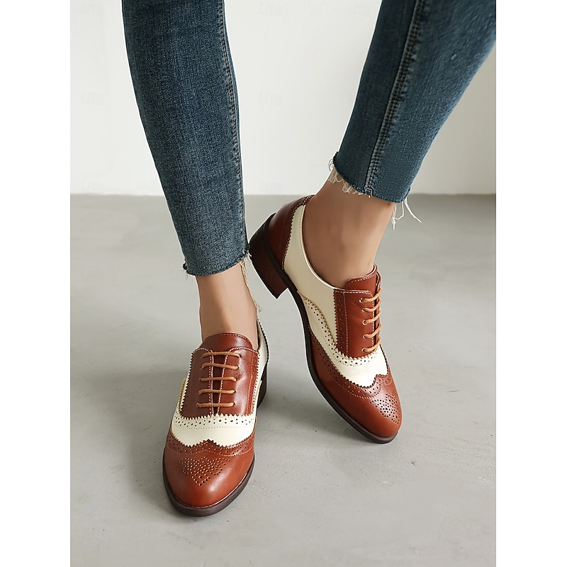 Women's Tri-Color Brogue Oxford Shoes with Wingtip Design and Low Heel - Vintage Formal Footwear for Office and Special Occasions 15