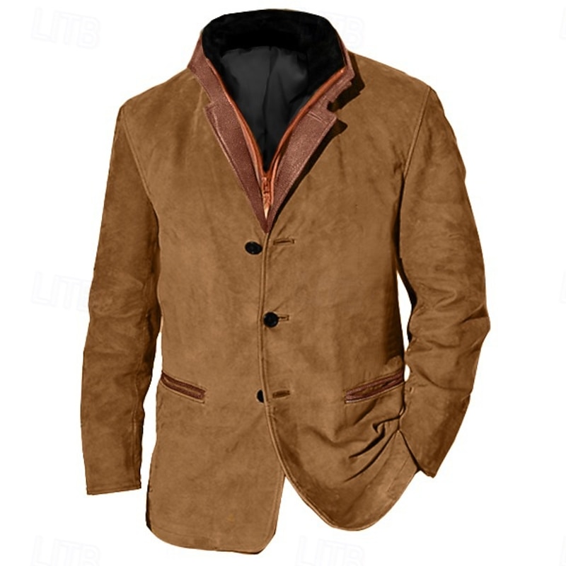 Men's Lightweight Jacket Jacket Casual Jacket Faux Suede Jacket Outdoor Daily Wear Pocket Fall Plain Vintage Casual Lapel Regular Black Navy Blue Brown Khaki Coffee Jacket2