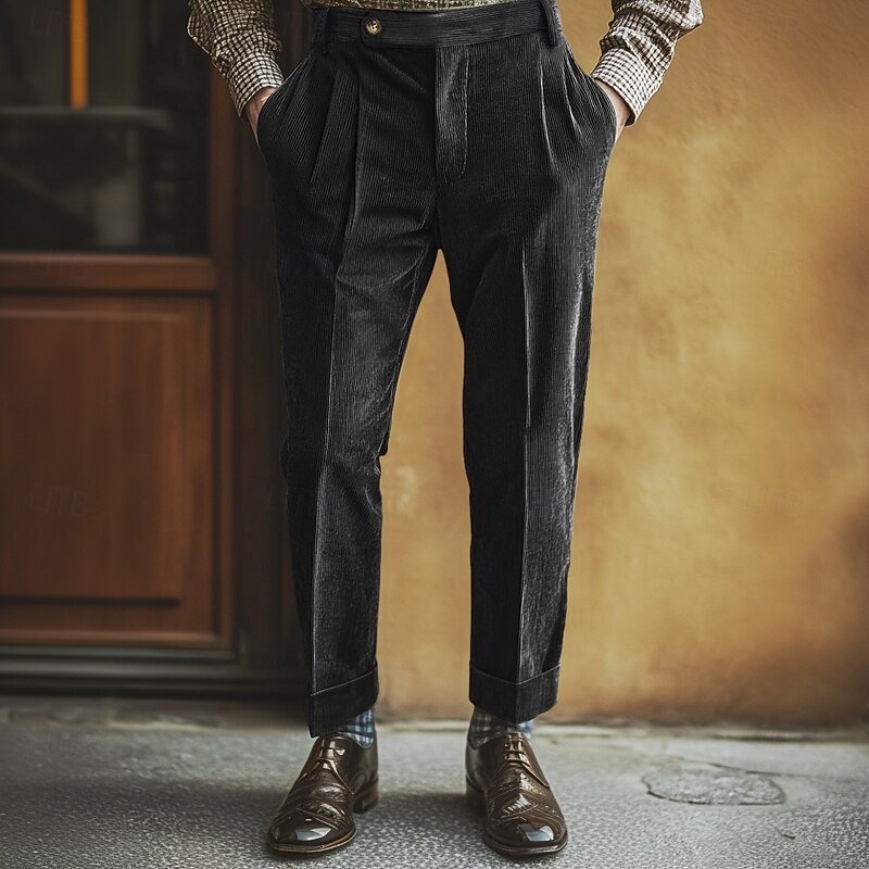 Men's Dress Pants Corduroy Pants Trousers Pleated Pants Gurkha Pants Pocket Plain Comfort Soft Full Length Party Business Daily Fashion Streetwear Light Khaki Black4