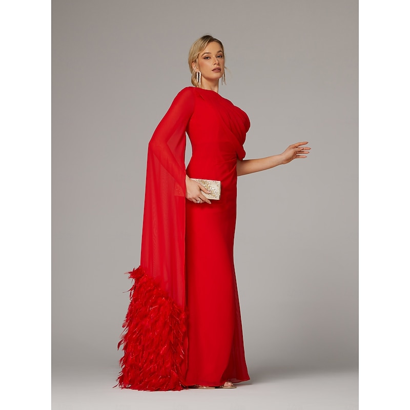 Sheath Evening Gown Elegant Dress Formal Fall Sweep / Brush Train Sleeveless Floor Length Cowl Neck Chiffon with Feather Ruched Slit4