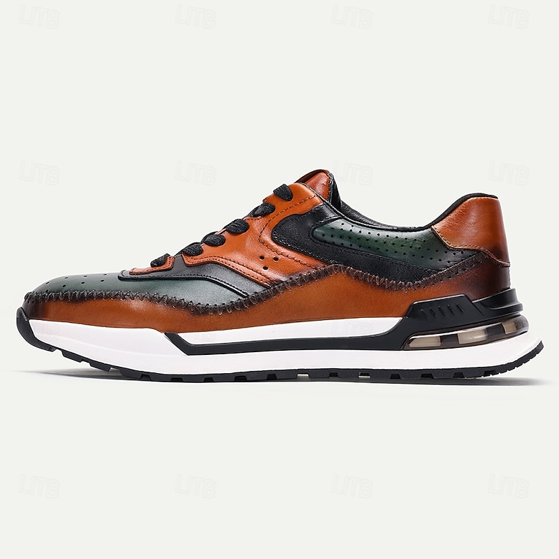Men's Premium Cowhide Leather Sneakers – Vintage Lace-Up Casual Shoes with Color Block Design for Everyday and Fashion Wear3