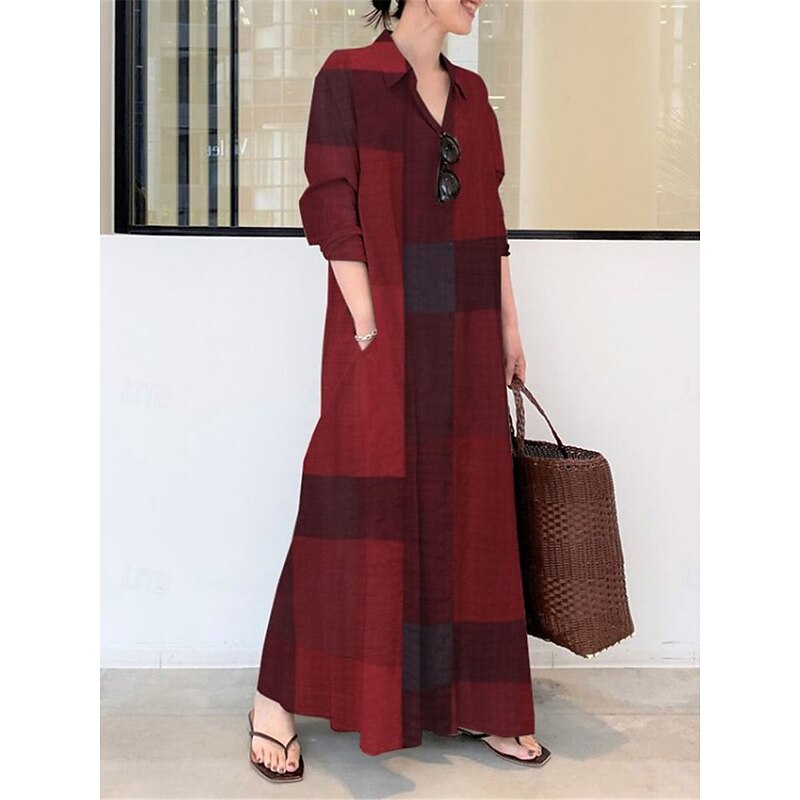 Women's Plaid Shirt Collar Maxi Dress Long Sleeve Spring Fall