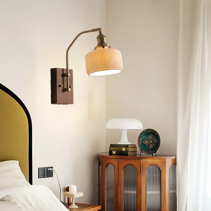 Vintage Wall Light Walnut Wall Mount Single Light White Ceramic Reading Light Wall Mount Copper Headboard Lamp E27 85-265V4