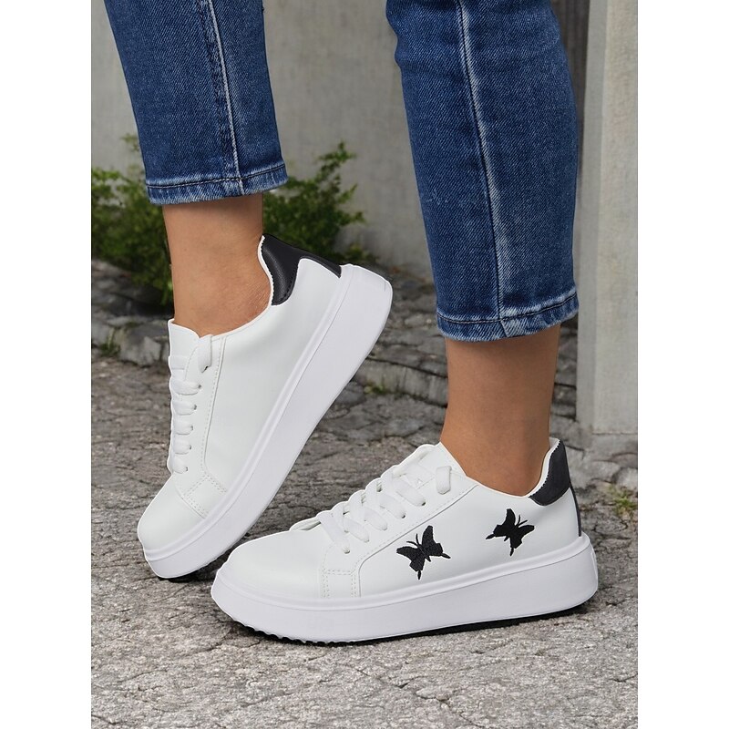 Women's White Platform Sneakers with Butterfly Embroidery | Casual Lace-Up Shoes for Everyday Wear