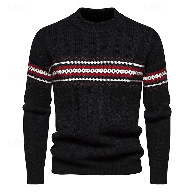 Men's Pullover Sweater Jumper Knit Sweater Fair Isle Pullover Sweater Ribbed Cable Knit Regular Knitted Color Block Crew Neck Fashion Basic Daily Wear Date Clothing Apparel Fall & Winter Black White