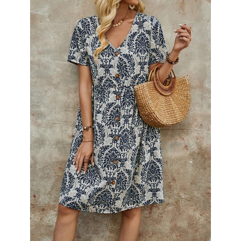 Women's Mini Dress Petite Dress Casual Dress Boho Chic Dresses T Shirt Dress Tee Dress Boho Dress Bohemia Vintage Casual Vacation Daily Loose Fit Floral Short Sleeve V Neck Blue Green Summer Spring
