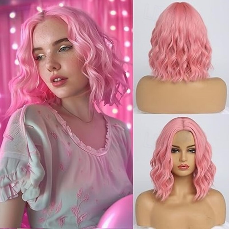 Short Wavy Wigs for Women Shoulder Length Middle Part Curly Wavy Bob Wigs Natural Looking Synthetic Heat Resistant Fiber Wig for Daily Party Use