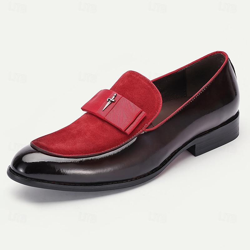 Men's Premium Cowhide Loafers with Red Suede Accent and Bow Detail – Luxury Formal Slip-On Dress Shoes3