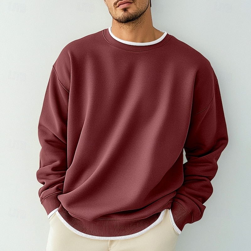 Men's T Shirt Oversized Shirt Tee Top Long Sleeve Shirt Long Sleeve Crew Neck Spring &  Fall Solid Color Daily Casual Street Style Fake two piece Rib Hem Outdoor Street Causal Black Gray Wine Top Tee