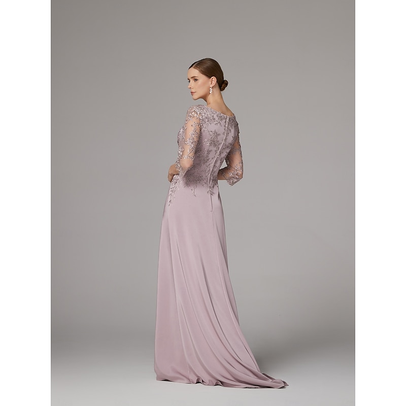 Sheath Dress Beach Wedding Mother of the Bride Dress Elegant Bateau Neck Floor Length Satin 3/4 Length Sleeve with Lace Appliques2