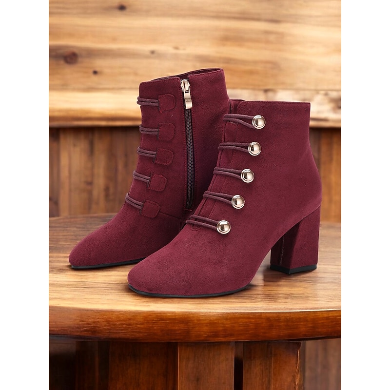 Women's Burgundy Ankle Boots – Suede Block Heel with Gold Button Embellishments, Lace-Up Design, Perfect for Autumn and Winter Outfits4