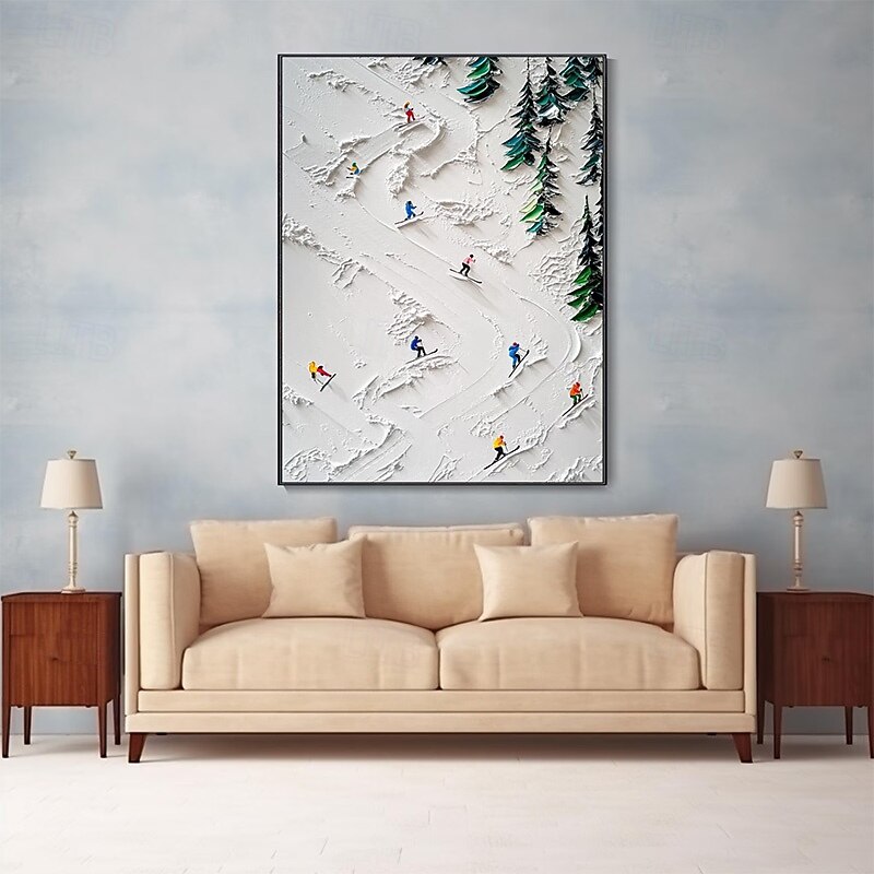 Handpaint 3D White Snowfield Skiing Canvas Hand Painting Original Skier Gift Personalized Winter Decor Textured Knife Painting Ski Art White Pine Frame Ready To Hang Or No Frame
