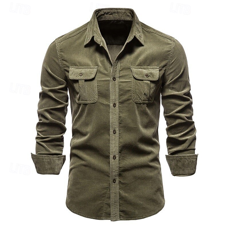 Men's Button Down Shirt Casual Shirt Corduroy Shirt Navy Blue Blue Green khaki Gray Long Sleeve Solid Color Turndown Shirt Collar Outdoor Daily Clothing Apparel Warm Daily