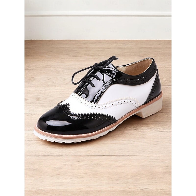 Women's Beige and White Oxford Brogue Shoes - Vintage Lace-Up Low Heel Casual Shoes for Everyday Wear2