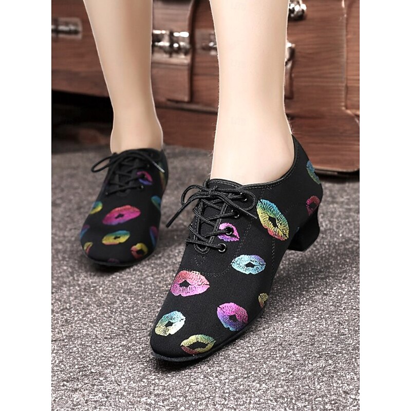 Women's Latin Dance Shoes with Multicolor Lip Print | Lace-Up Low Heel Jazz Ballroom Shoes3