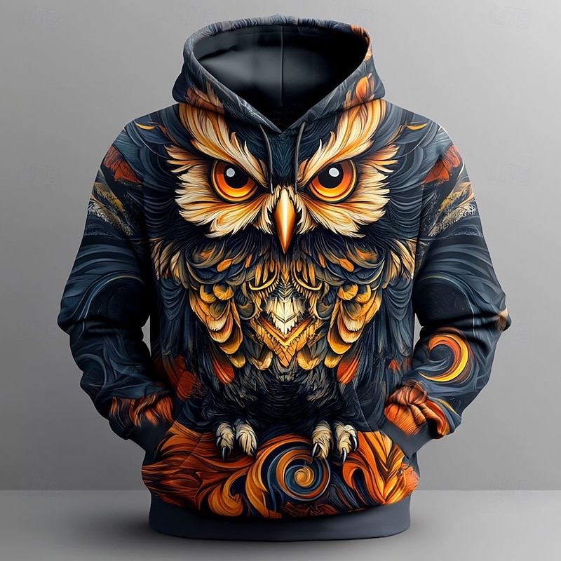 Men's Owl Hoodies Sweatshirt Fashion Cool Long Sleeve Crew Neck Party Holiday Streetwear Black Drawstring Fall Winter Designer