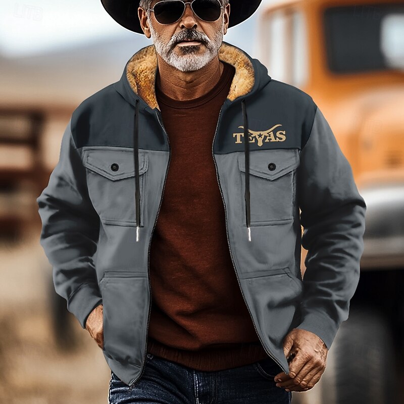 Men's Cowboy Fleece Hoodies Sweatshirt Fashion Cool Long Sleeve Hooded Holiday Streetwear Blue Brown Zipper Pocket Fall Winter Designer3