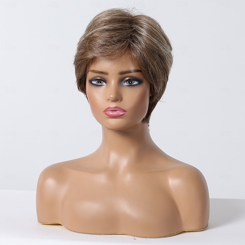 Human Hair Blend Wig Short Straight Natural Straight Bob Pixie Cut Side Part Layered Haircut Light Brown Cosplay Curler & straightener Natural Hairline Capless Burmese Hair Women's All Light Brown4