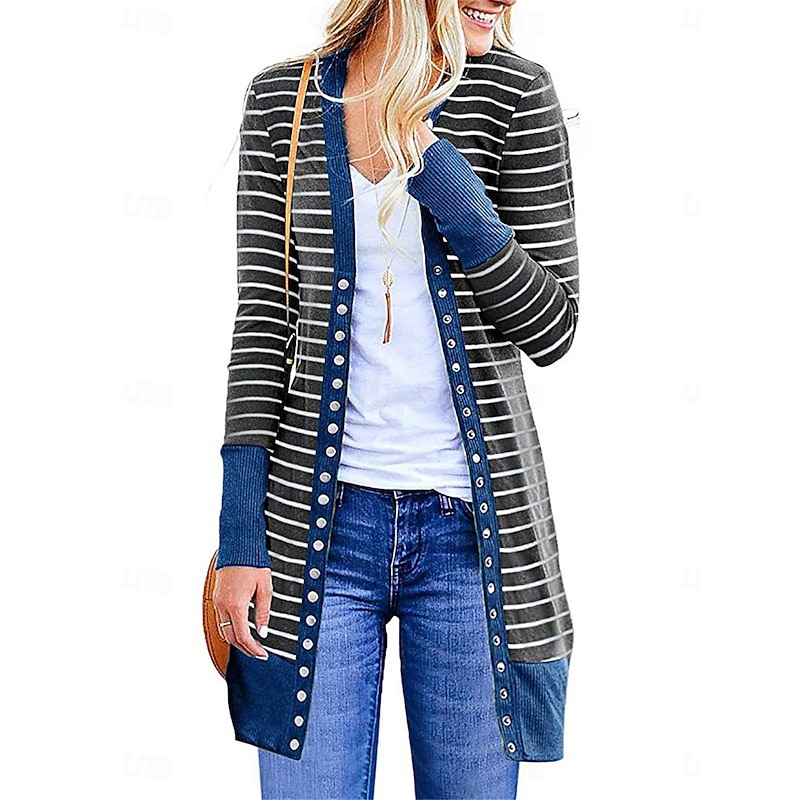 Women's Casual Jacket Outdoor Street Daily Wear Fall Winter Long Coat Regular Fit Thermal Warm Breathable Stylish Casual Jacket Long Sleeve Striped Print Dark Grey Army Green Blue4