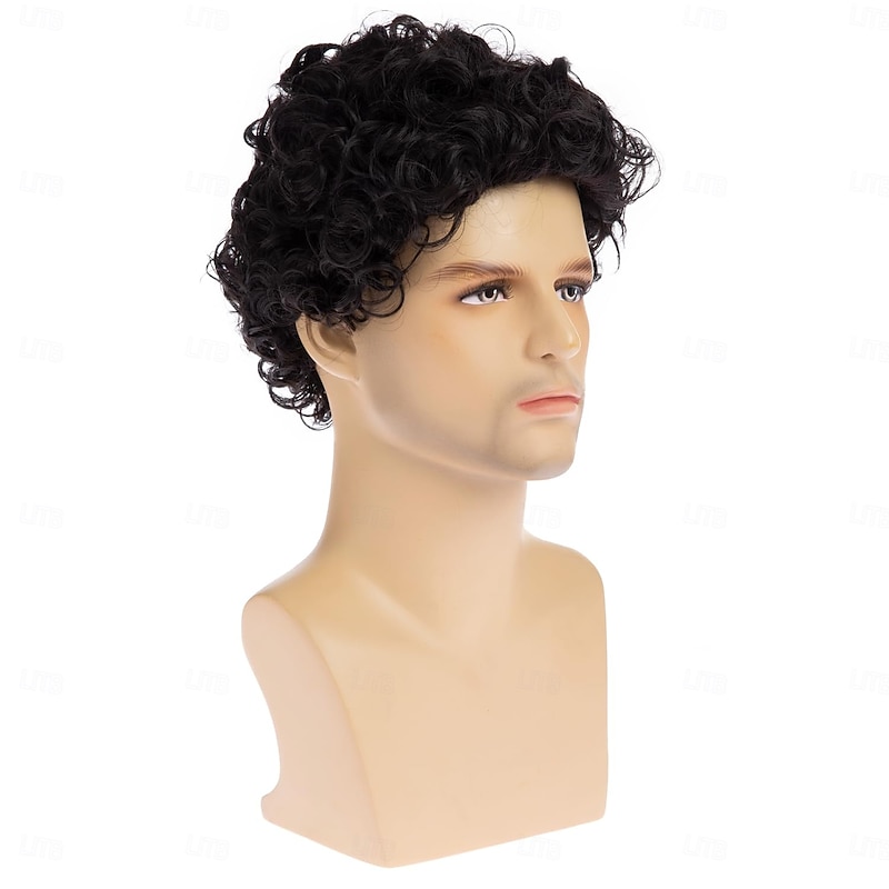 Mens Wig Short Curly Wig Synthetic Afro Halloween Costume Cosplay Wigs with Wig Cap for Male3