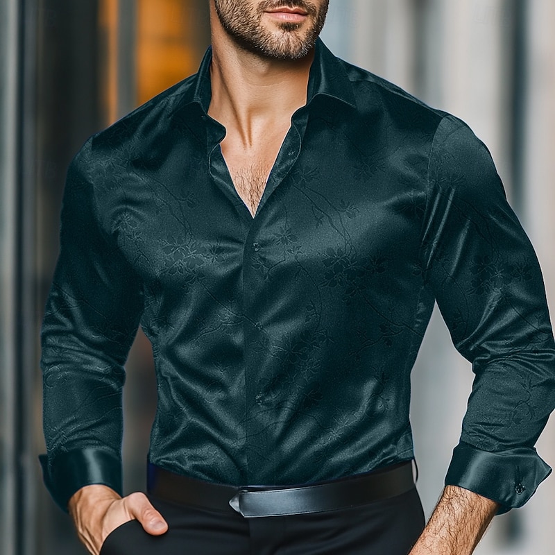 Men's Shirt Satin Shirt Casual Shirt Button Up Shirt Floral Wedding Vacation Black Green Long Sleeve Collar Winter Spring &  Fall Clothing Apparel4